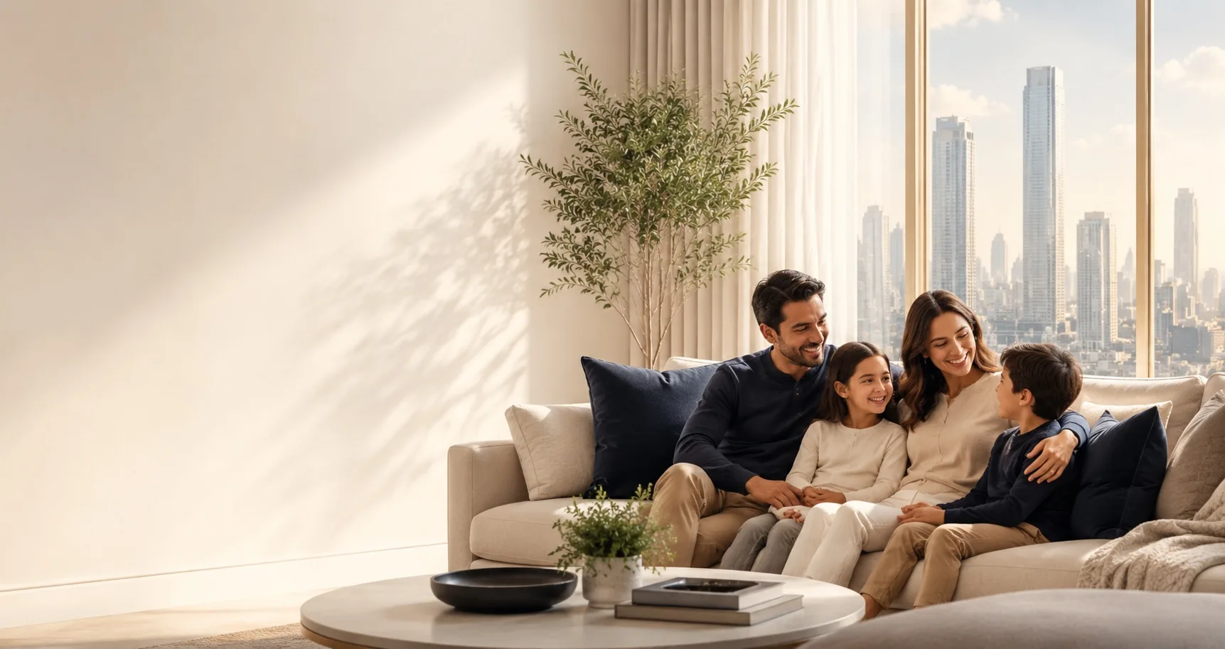 Family arriving at their new rental home against a city skyline